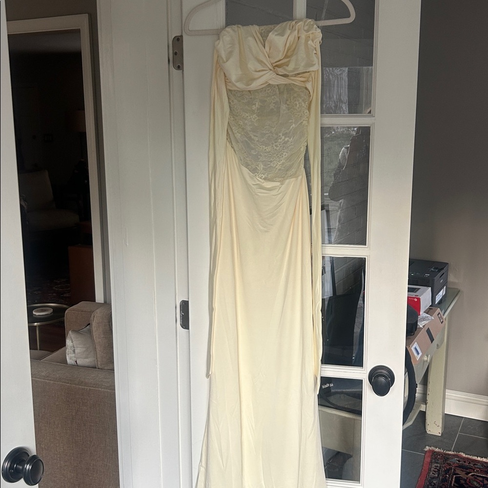 Soft Yellow/Cream Strapless Maxi Lace Dress